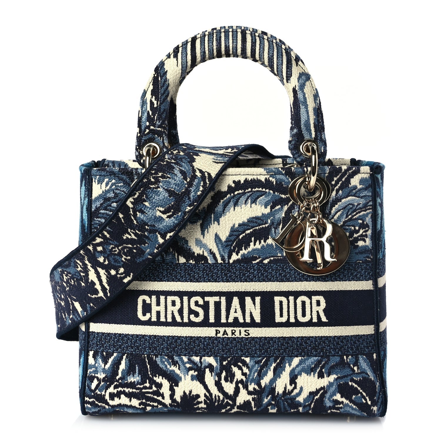 Dior Handbag Christian Palm Tree Toile De Jouy Lady Canvas Blue Medium Shoulder Bag