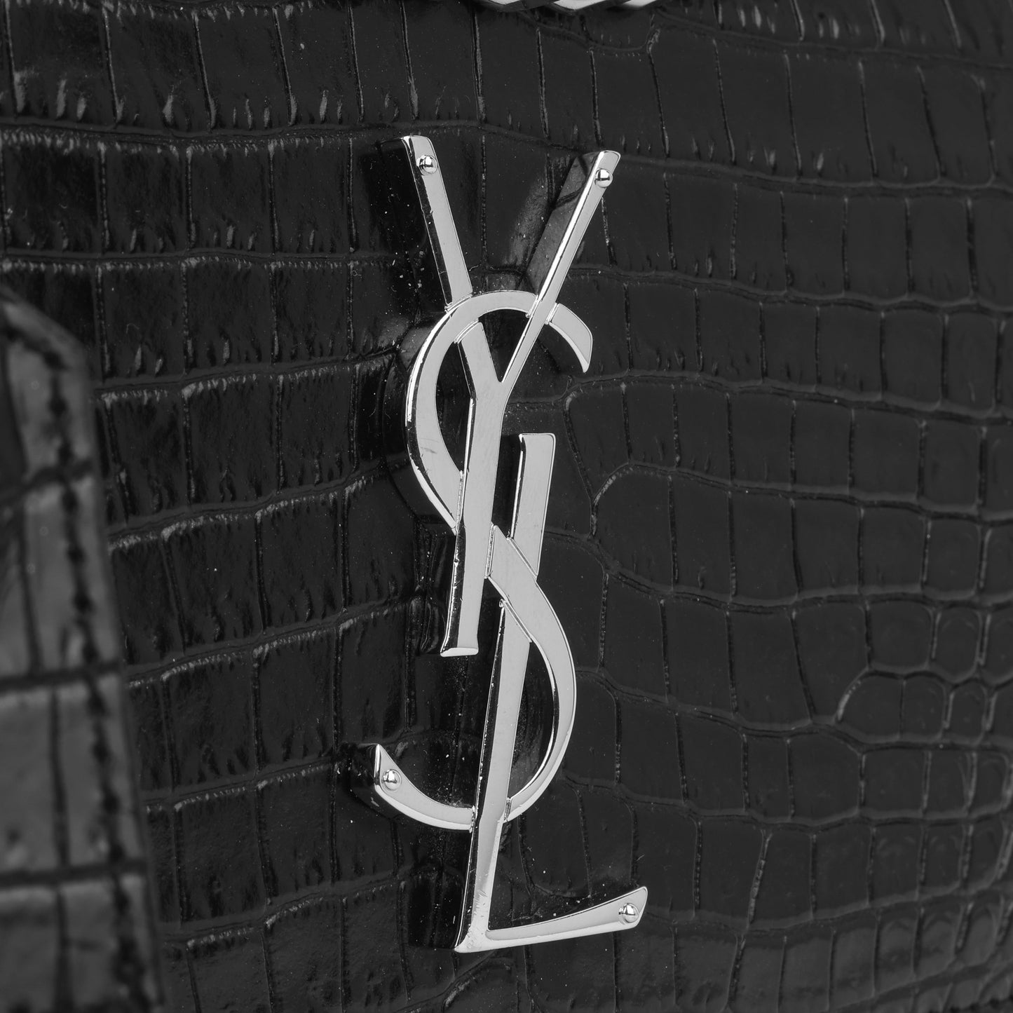 YSL Saint Laurent Sunset Croc Crossbody Bag Black Medium Embossed