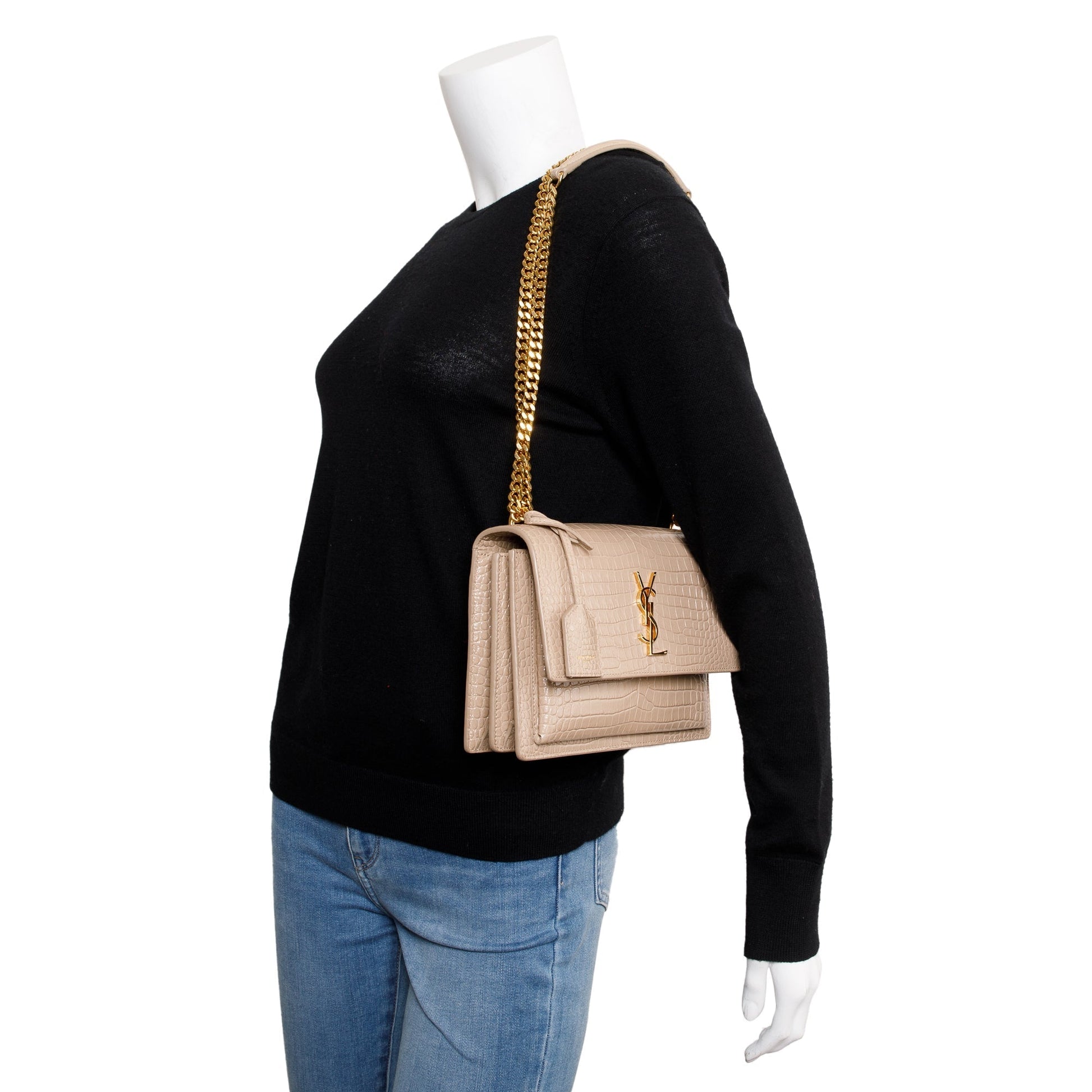 YSL Saint Laurent Crocodile Embossed Sunset Bag Leather Beige Travel Bag