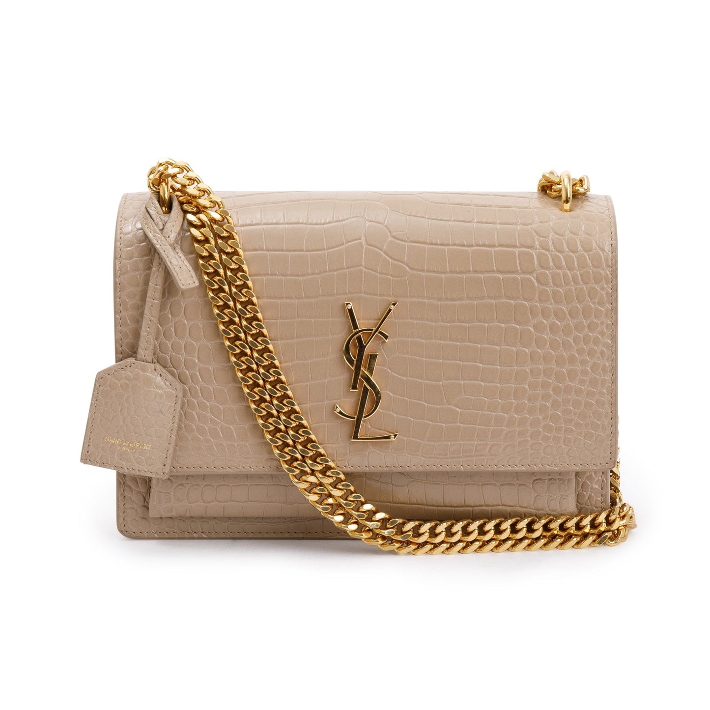 YSL Saint Laurent Crocodile Embossed Sunset Bag Leather Beige Travel Bag