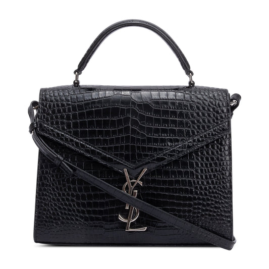 YSL Saint Laurent Croc Embossed Cassandra Top Handle Bag Leather Black Travel Bag