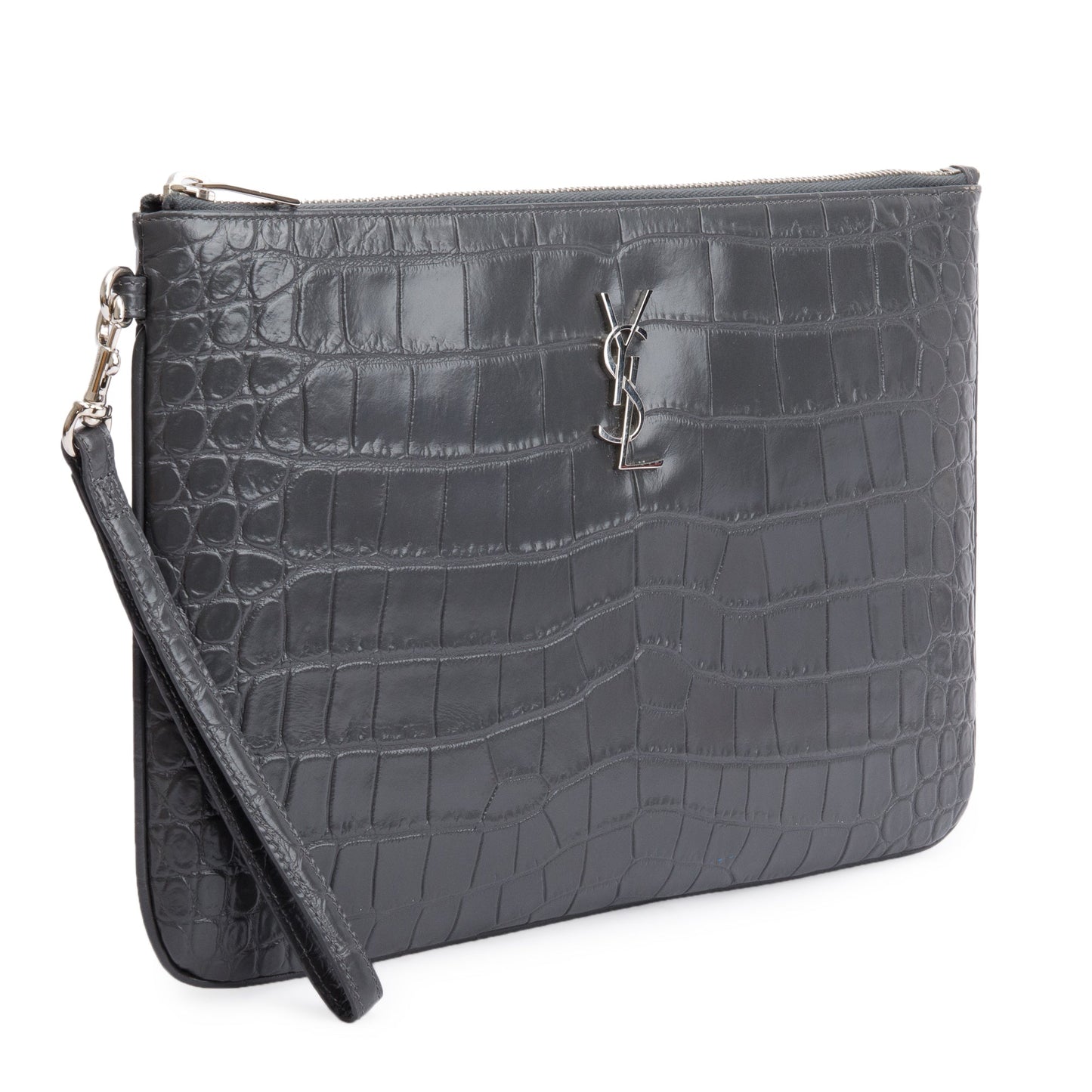 YSL Saint Laurent Grey Crocodile Embossed Cassandre Tablet Pouch Travel Leather Travel Bag