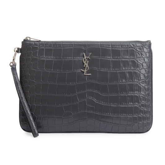 YSL Saint Laurent Grey Crocodile Embossed Cassandre Tablet Pouch Travel Leather Travel Bag