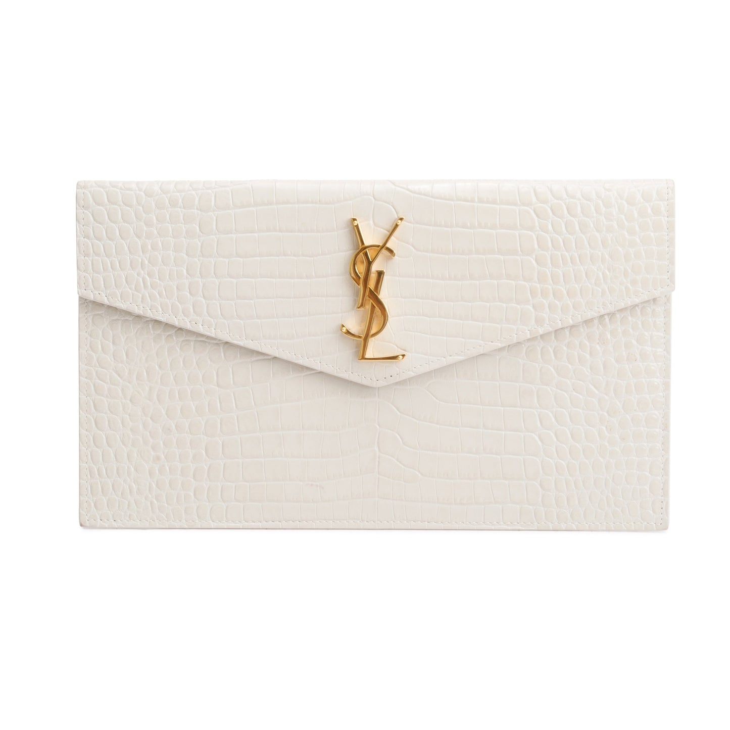 YSL Saint Laurent Neutral Crocodile Embossed Uptown Pouch Travel Bag Leather