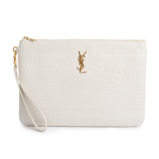 YSL Saint Laurent Crocodile Embossed Cassandre Tablet Pouch Travel Bag Leather White
