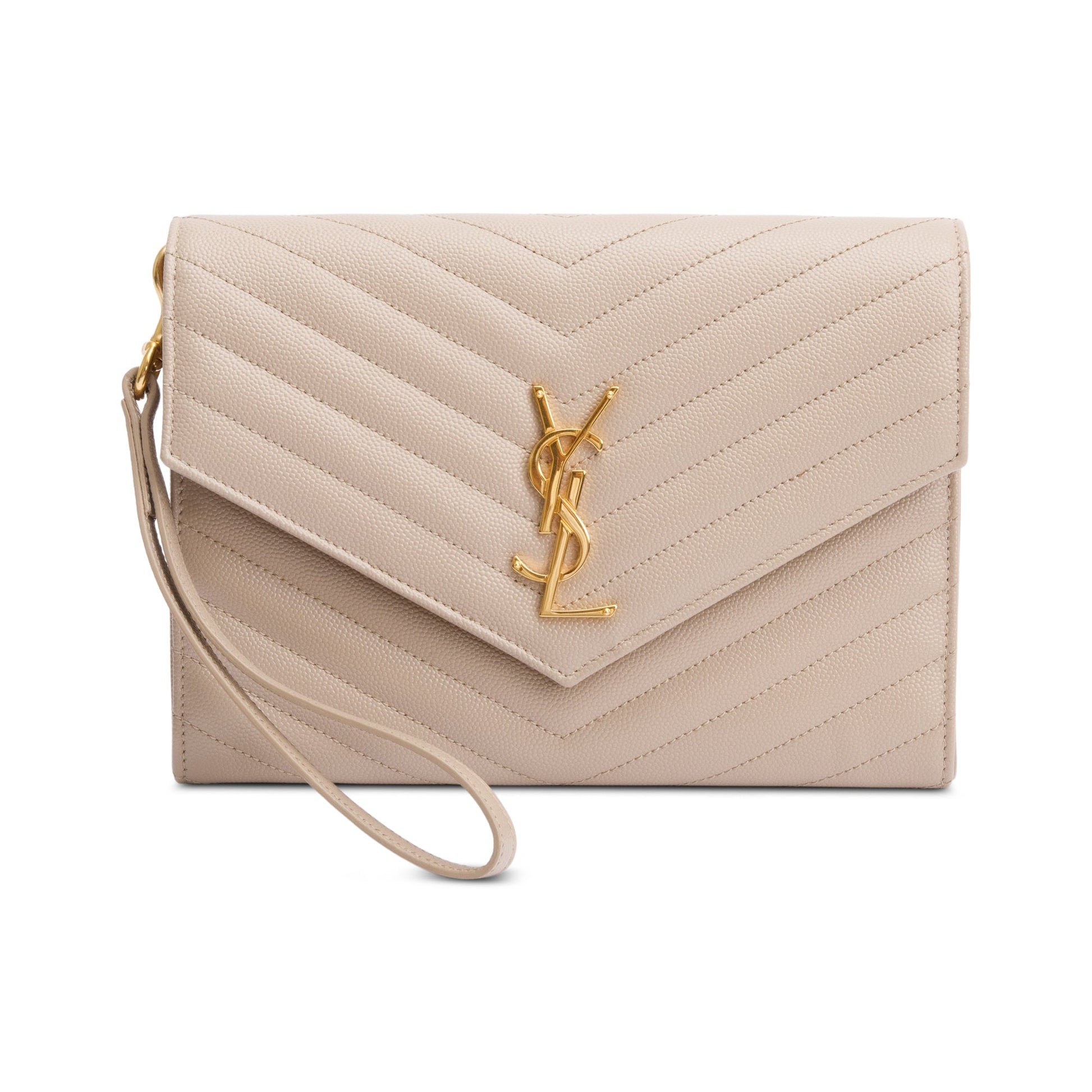 YSL Saint Laurent Grain De Poudre Cassandre Flap Wristlet Pouch Leather Matelasse Travel Bag Pouch 58591