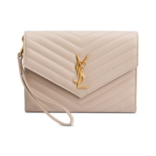 YSL Saint Laurent Grain De Poudre Cassandre Flap Wristlet Pouch Leather Matelasse Travel Bag Pouch 58591