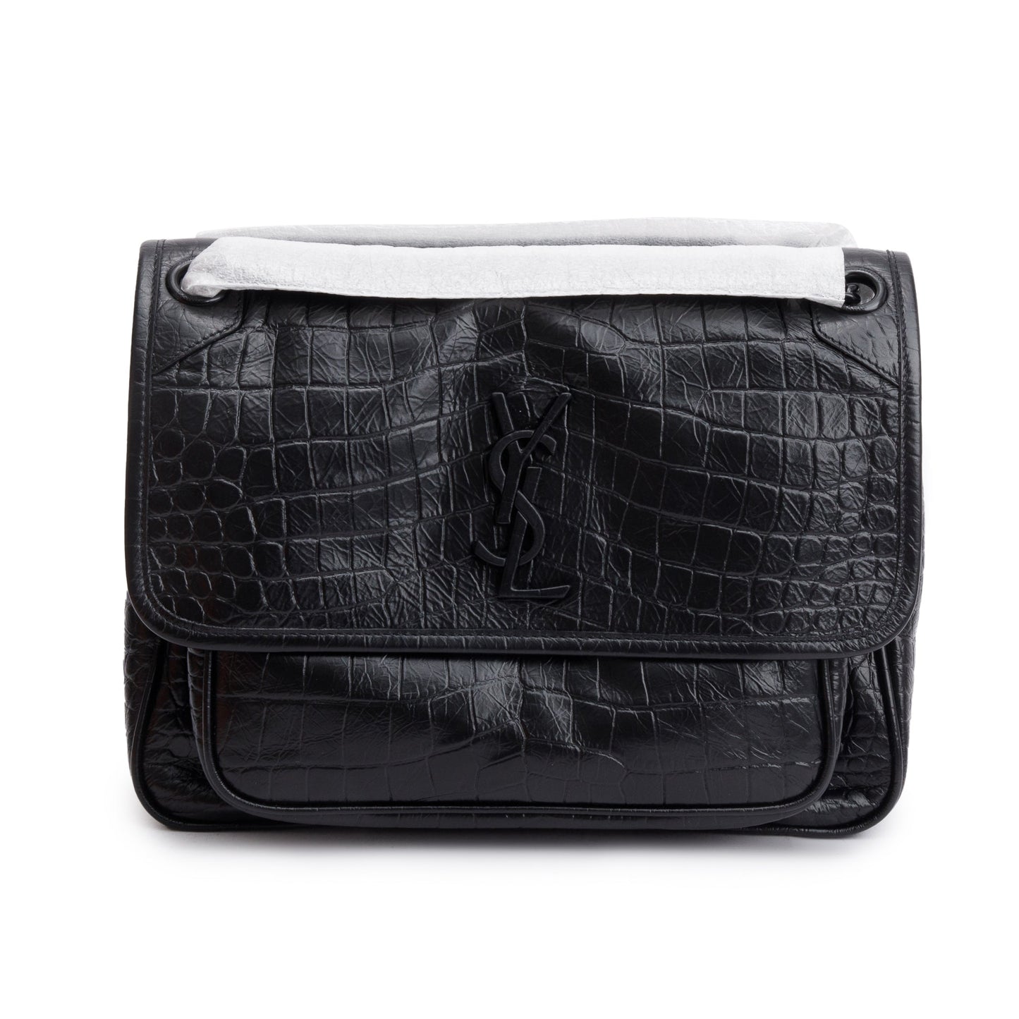 YSL Saint Laurent Crocodile Embossed Calfskin Niki Shoulder Bag Leather Black