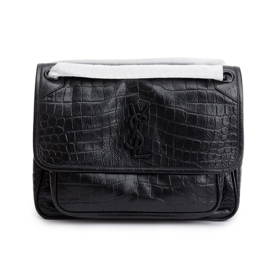 YSL Saint Laurent Crocodile Embossed Calfskin Niki Shoulder Bag Leather Black
