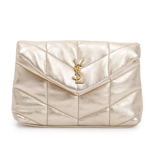 YSL Saint Laurent Metallic Puffer Pouch Travel Bag Gold Small