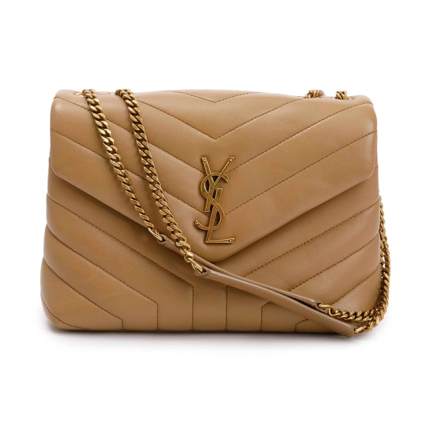 YSL Saint Laurent Calfskin Loulou Chain Shoulder Bag Leather Beige