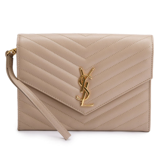 YSL Saint Laurent Grain De Poudre Cassandre Pouch Travel Bag Matelasse Beige