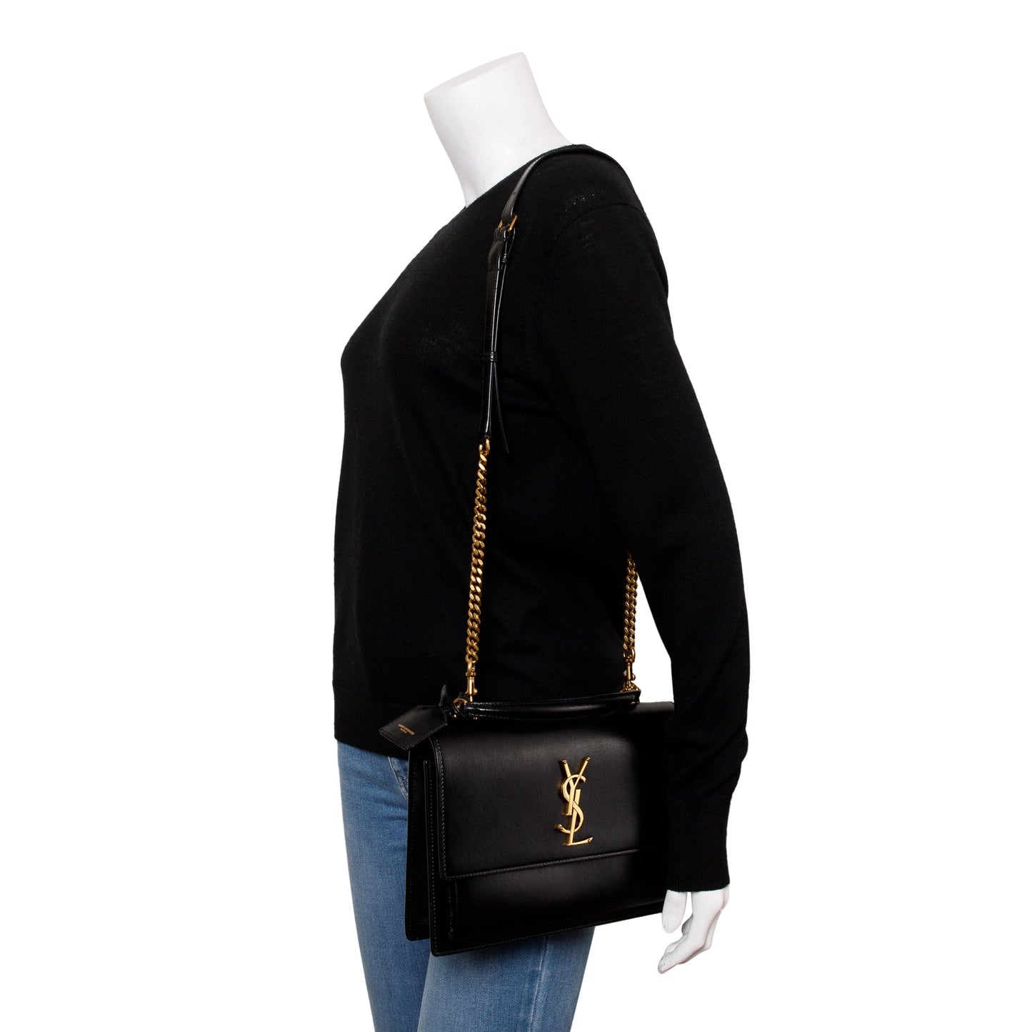 YSL Saint Laurent Calfskin Sunset Handle Bag Leather Black Travel Bag