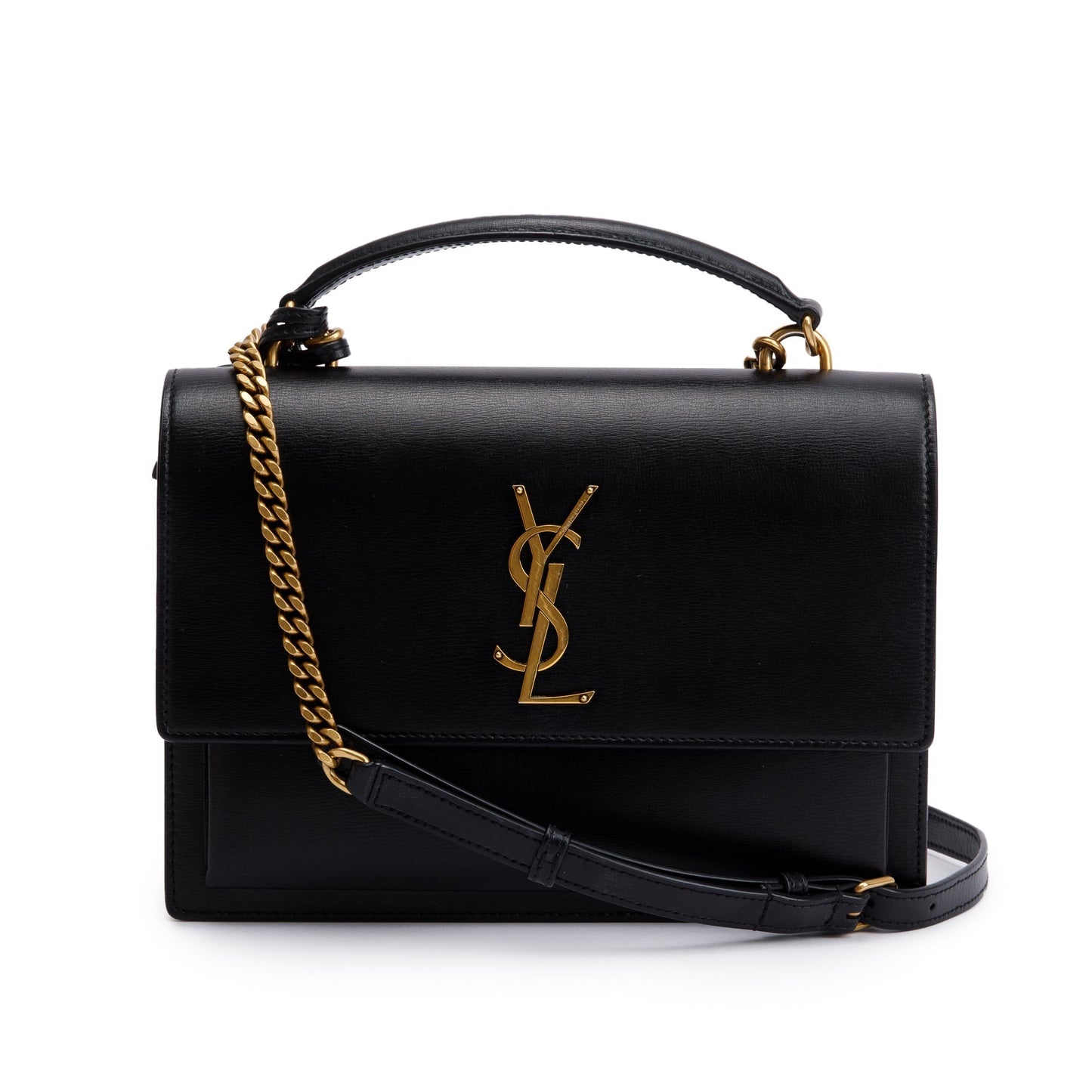 YSL Saint Laurent Calfskin Sunset Handle Bag Leather Black Travel Bag