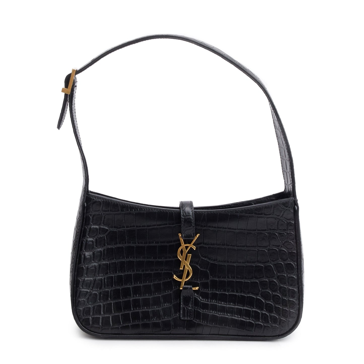 YSL Saint Laurent Croc Embossed Shiny Le Hobo Bag Leather Black Shoulder Bag