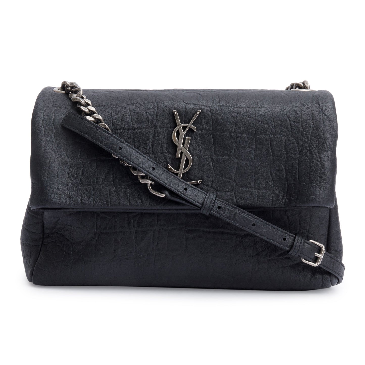 YSL Saint Laurent Crocodile Embossed Calfskin Medium West Hollywood Fold Leather Monogram Travel Bag