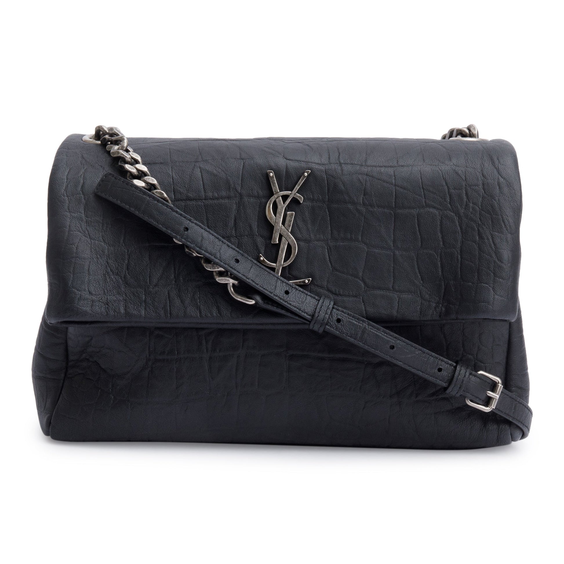YSL Saint Laurent Crocodile Embossed Calfskin Medium West Hollywood Fold Leather Monogram Travel Bag