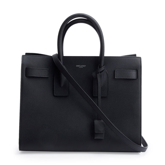 YSL Saint Laurent Grained Calfskin Sac De Jour Travel Bag Leather Black