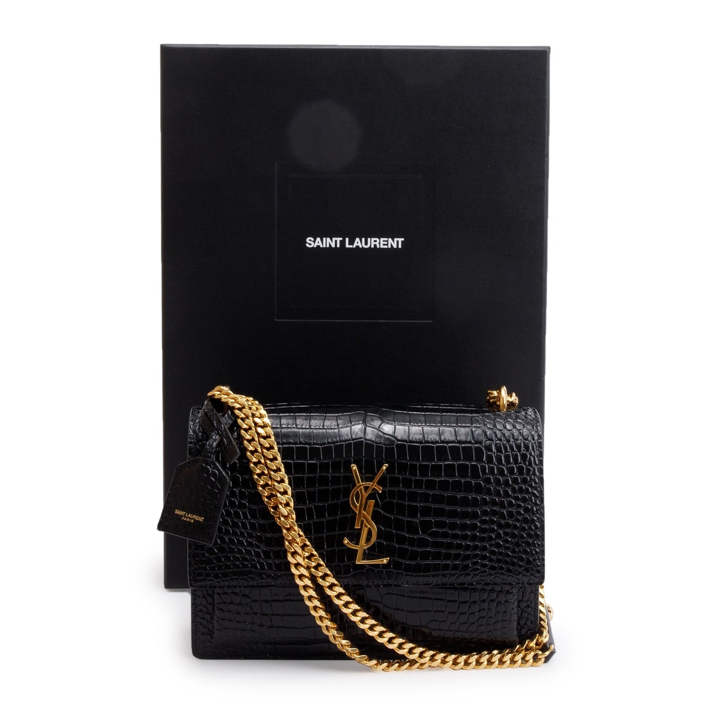 YSL Saint Laurent Crocodile Embossed Sunset Bag Black Medium Travel Bag