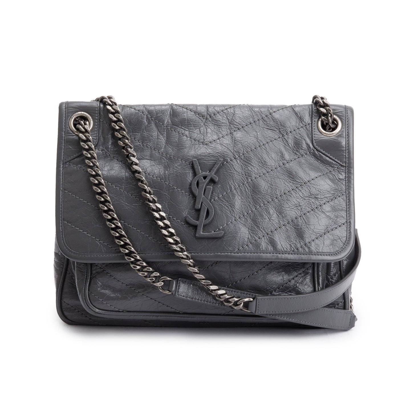 YSL Saint Laurent Grey Crinkled Calfskin Niki Shoulder Bag Leather Medium