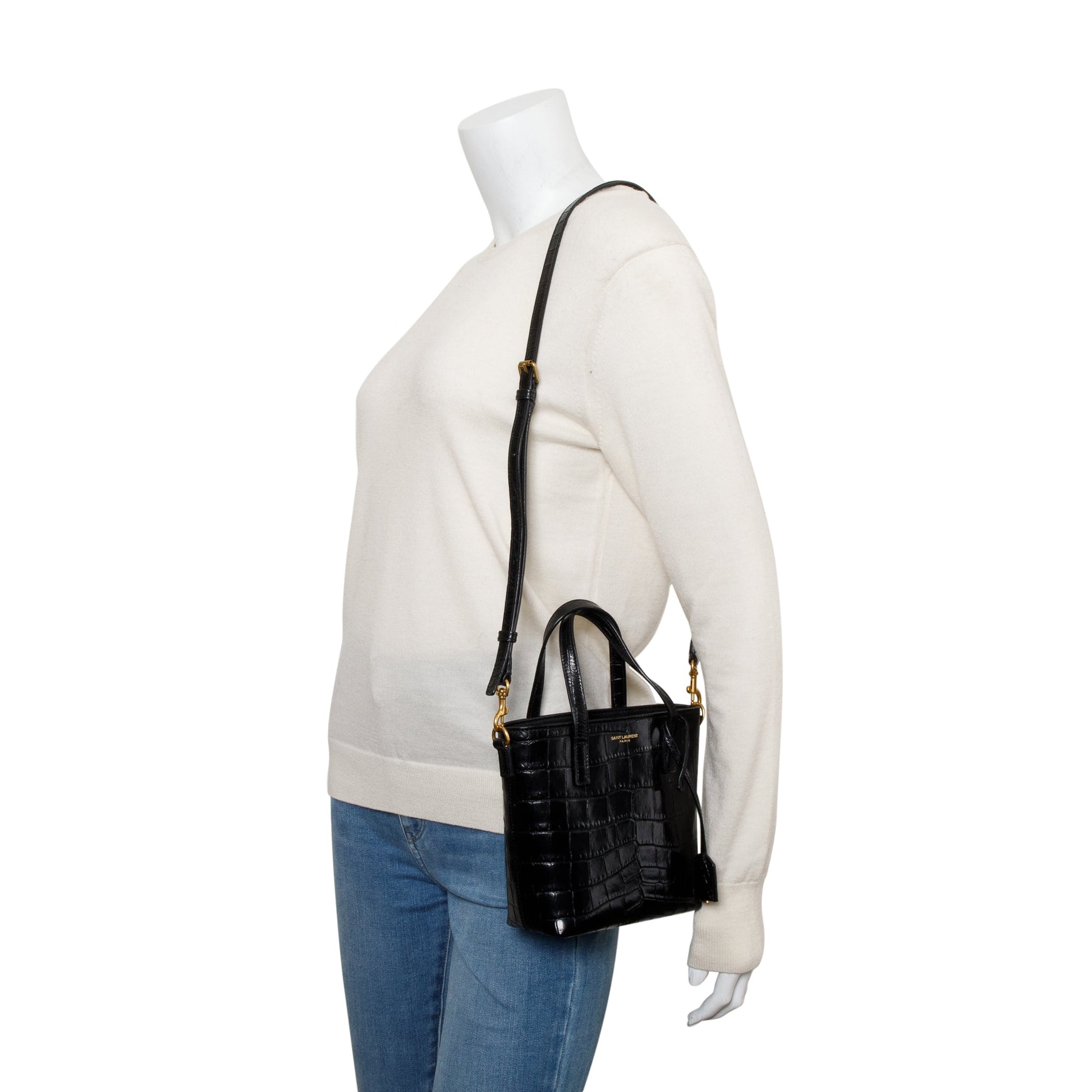 YSL Saint Laurent Croc Embossed Toy Shopping Tote Black Mini Tote Bag