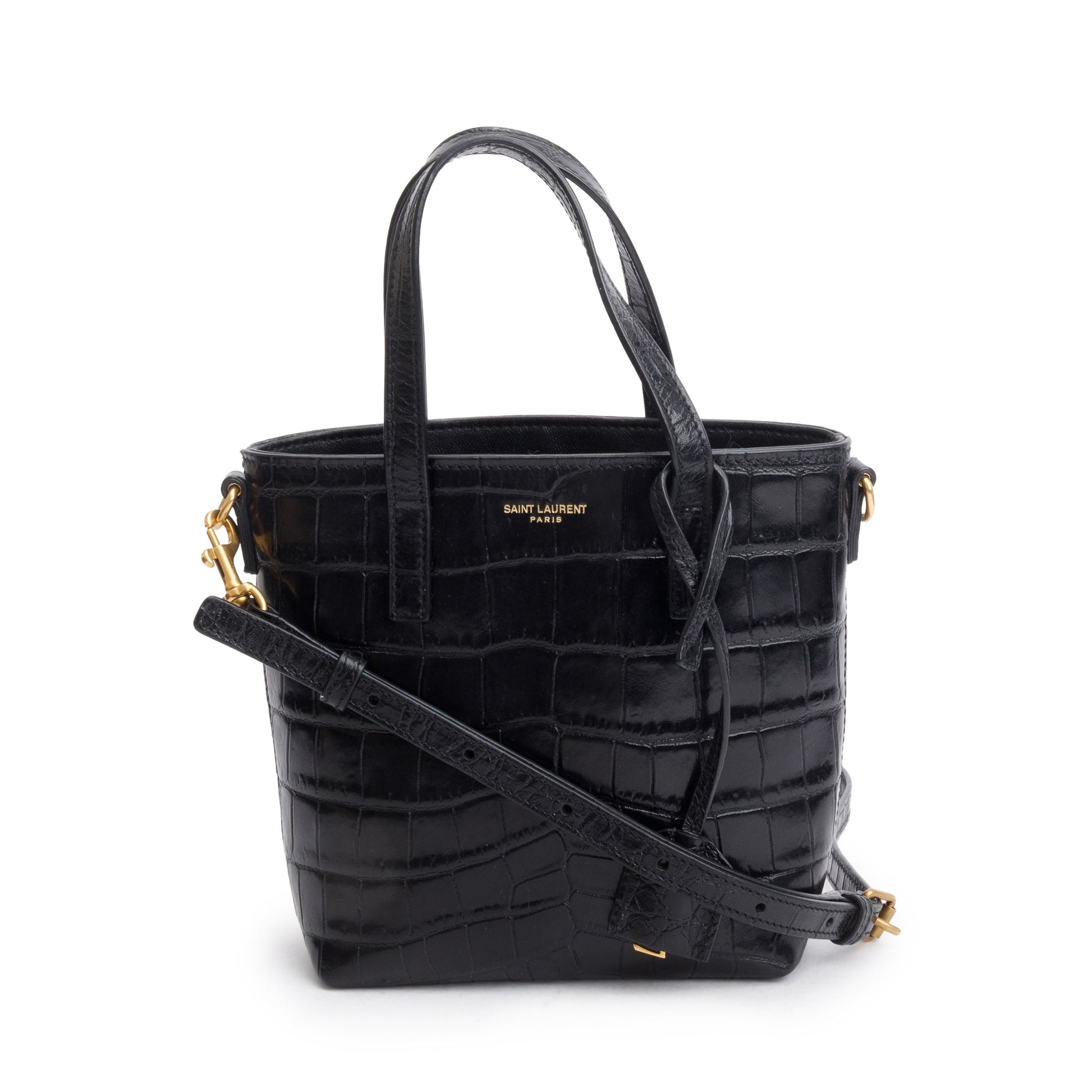 YSL Saint Laurent Croc Embossed Toy Shopping Tote Black Mini Tote Bag