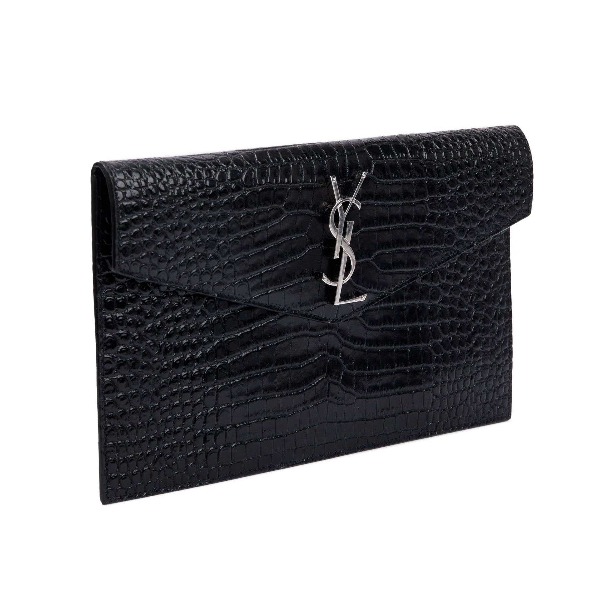 YSL Saint Laurent Crocodile Embossed Uptown Pouch Travel Bag Leather Black