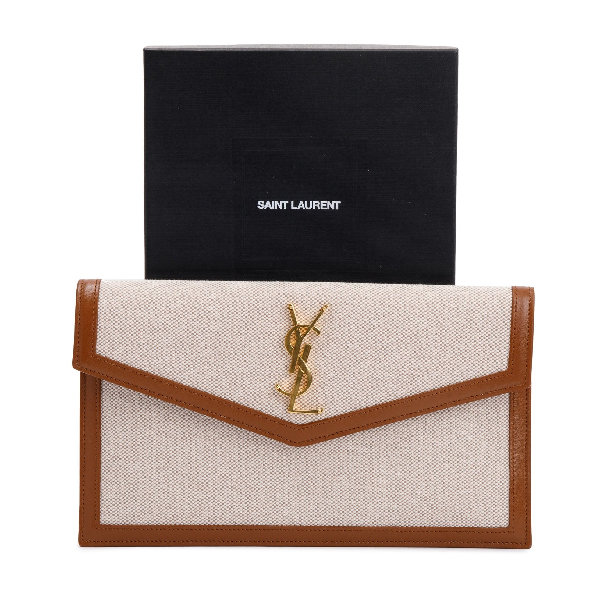 YSL Saint Laurent Natural & Uptown Pouch Travel Bag Leather Canvas