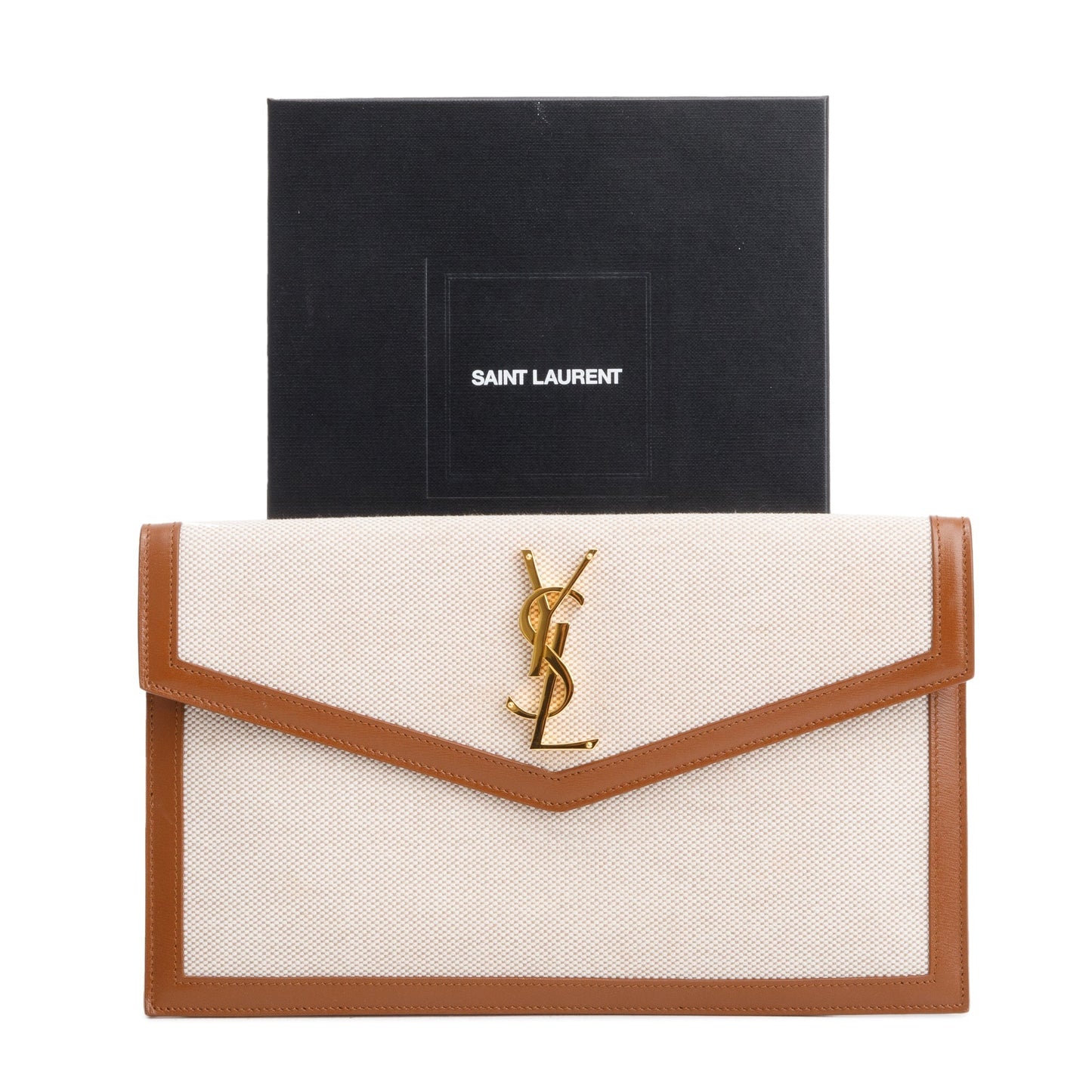 YSL Saint Laurent Neutral Smooth Uptown Pouch Travel Bag Leather Canvas