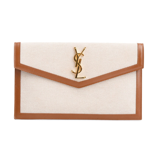YSL Saint Laurent Neutral Smooth Uptown Pouch Travel Bag Leather Canvas