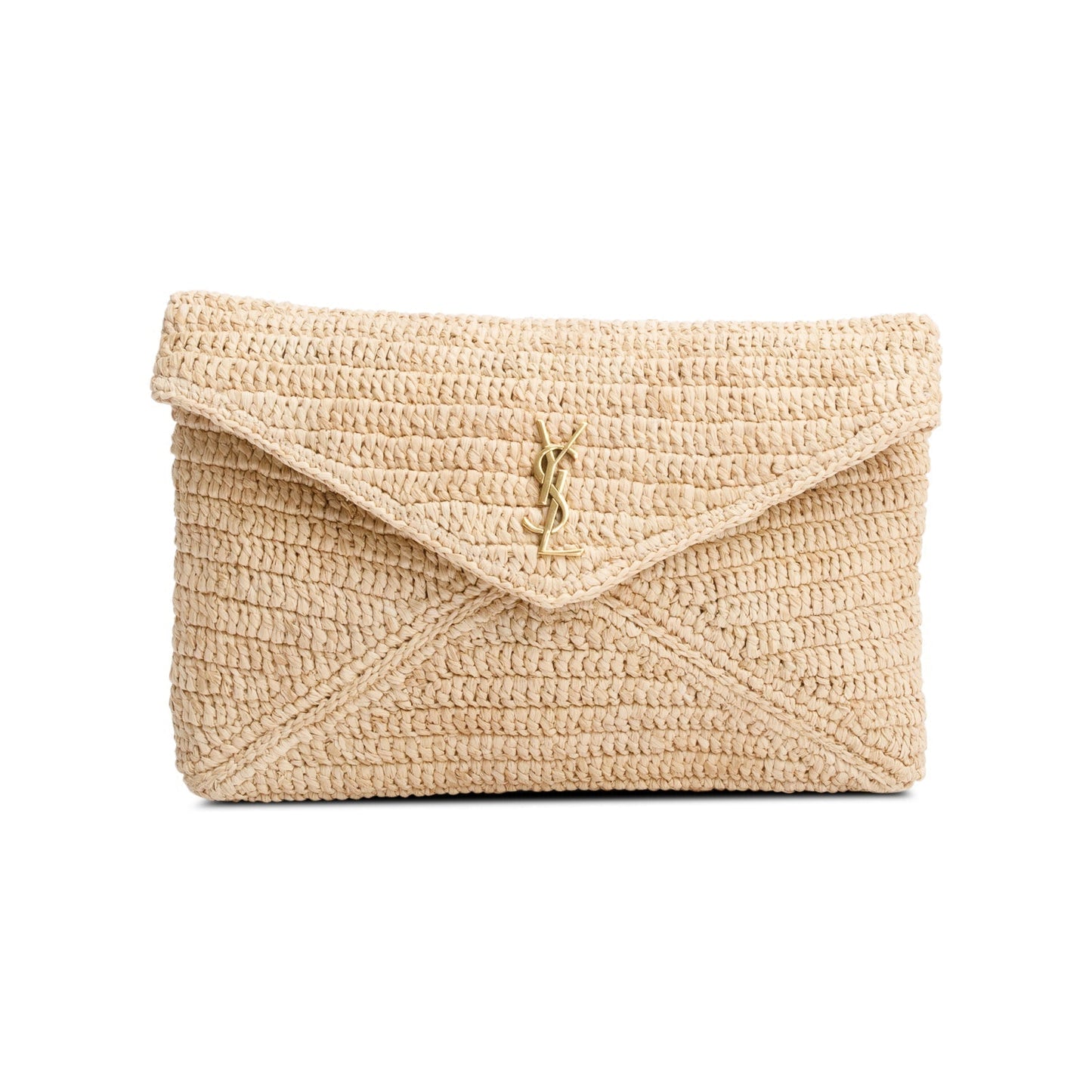 YSL Saint Laurent Neutral Cassandre Envelope Pouch Travel Bag Raffia Large