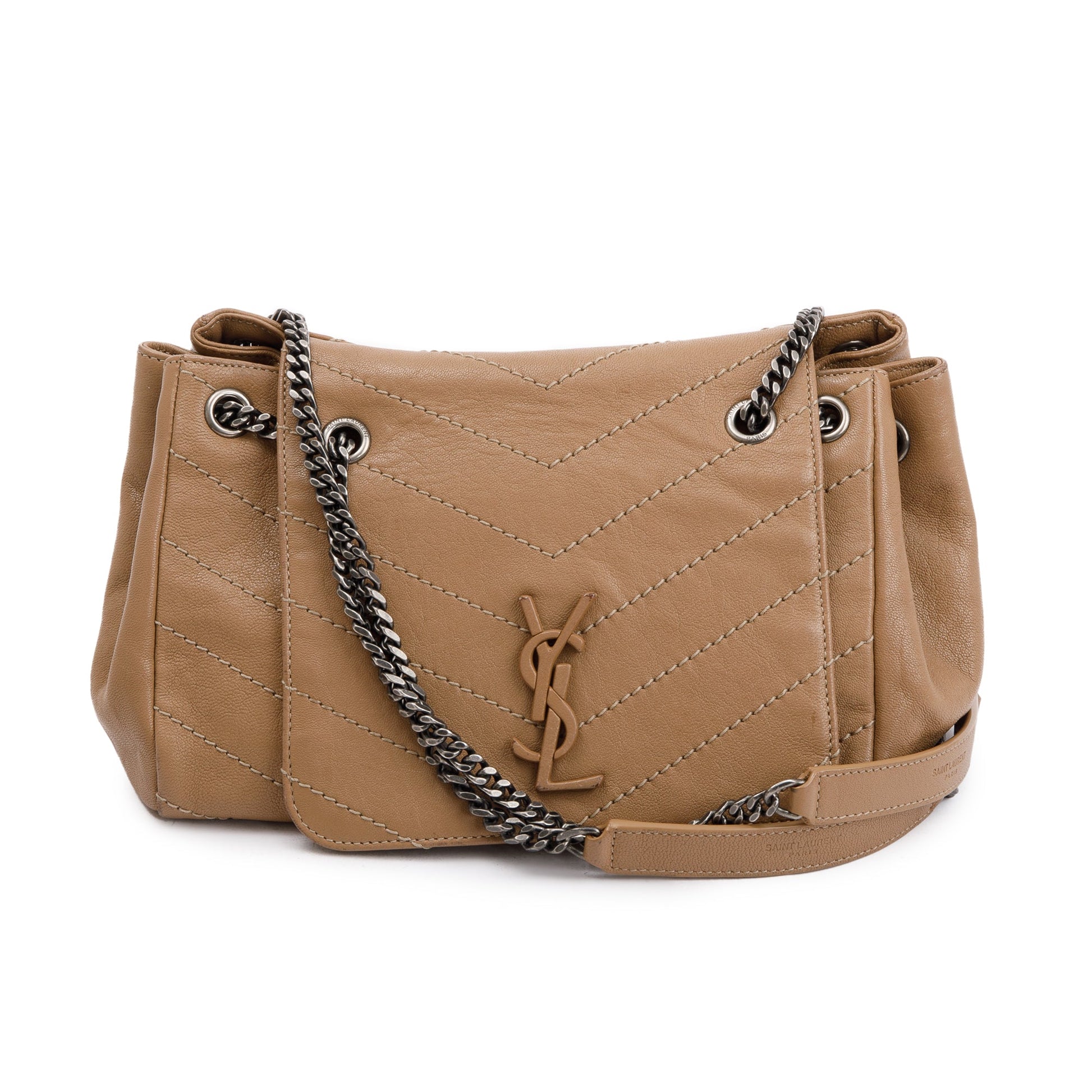 YSL Saint Laurent Calfskin Chevron Nolita Shoulder Bag Monogram Beige