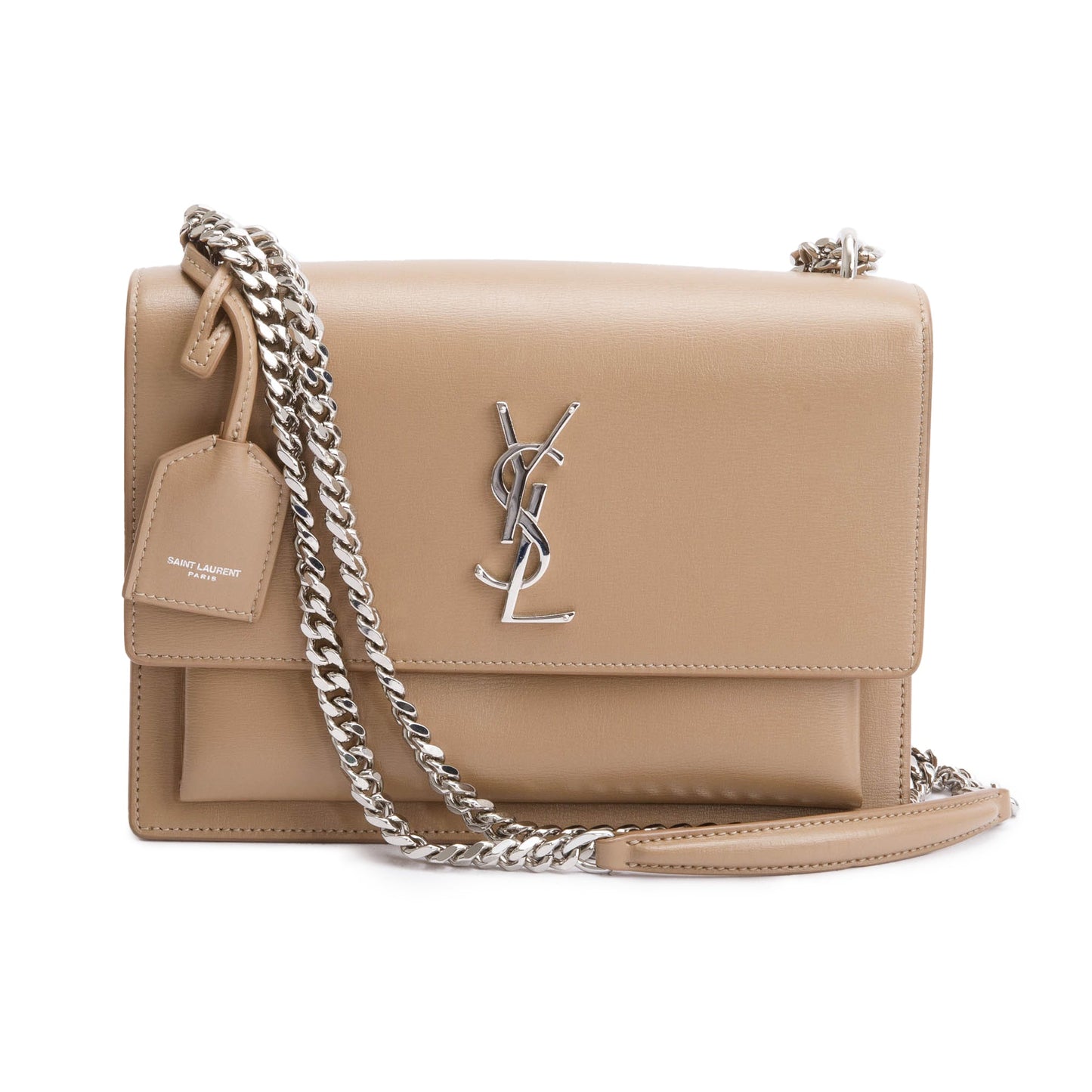 YSL Saint Laurent Calfskin Sunset Shoulder Bag Leather Beige