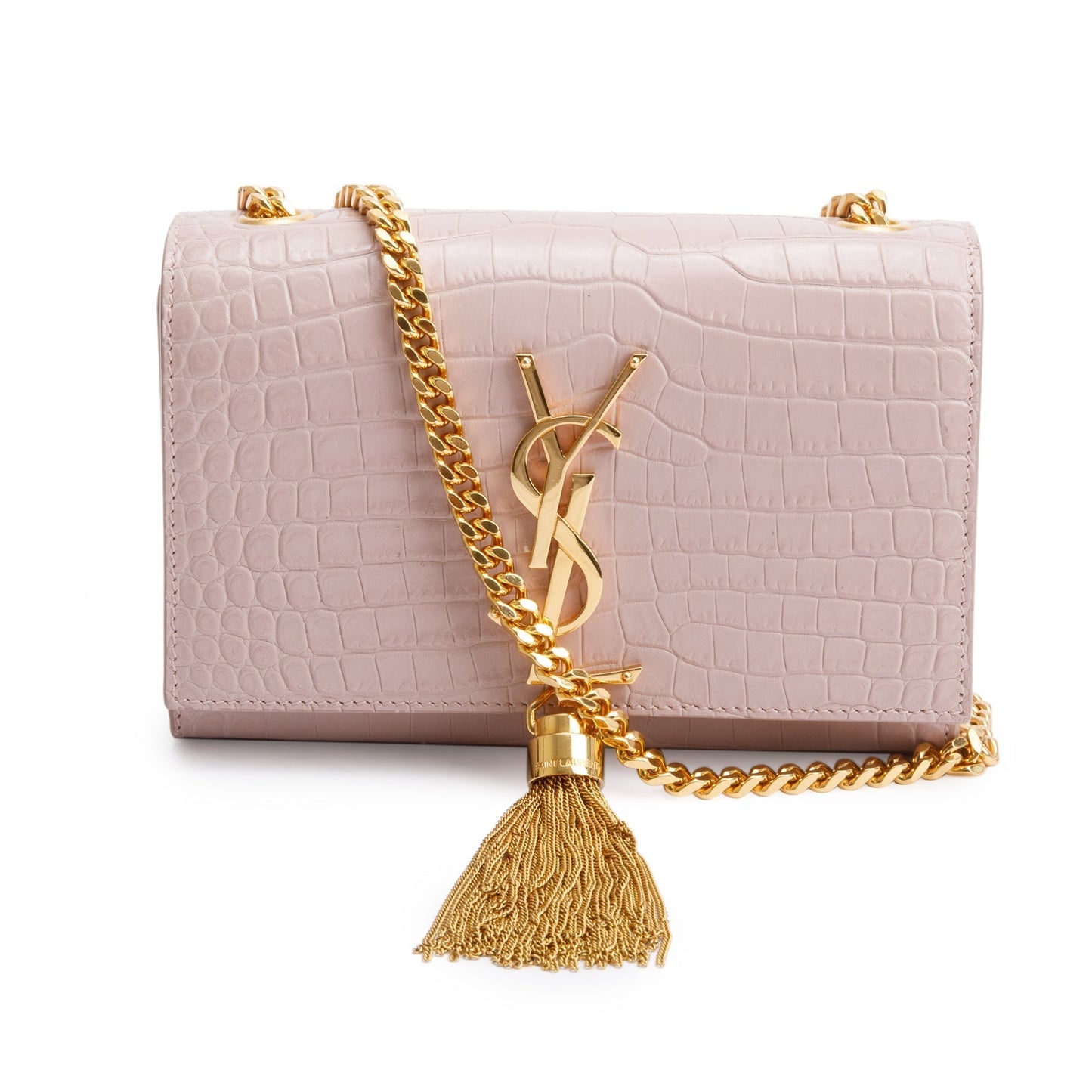 YSL Saint Laurent Croc Embossed Kate Tassel Bag Leather Beige Travel Bag