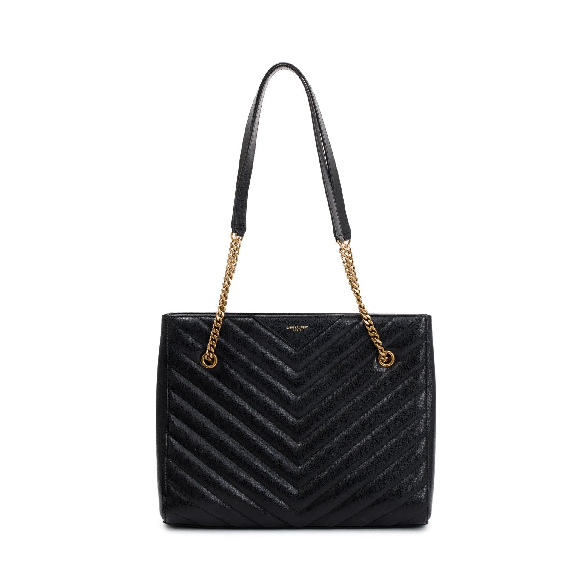 YSL Saint Laurent Chevron Calfskin Tribeca Shopping Tote Leather Black Tote Bag