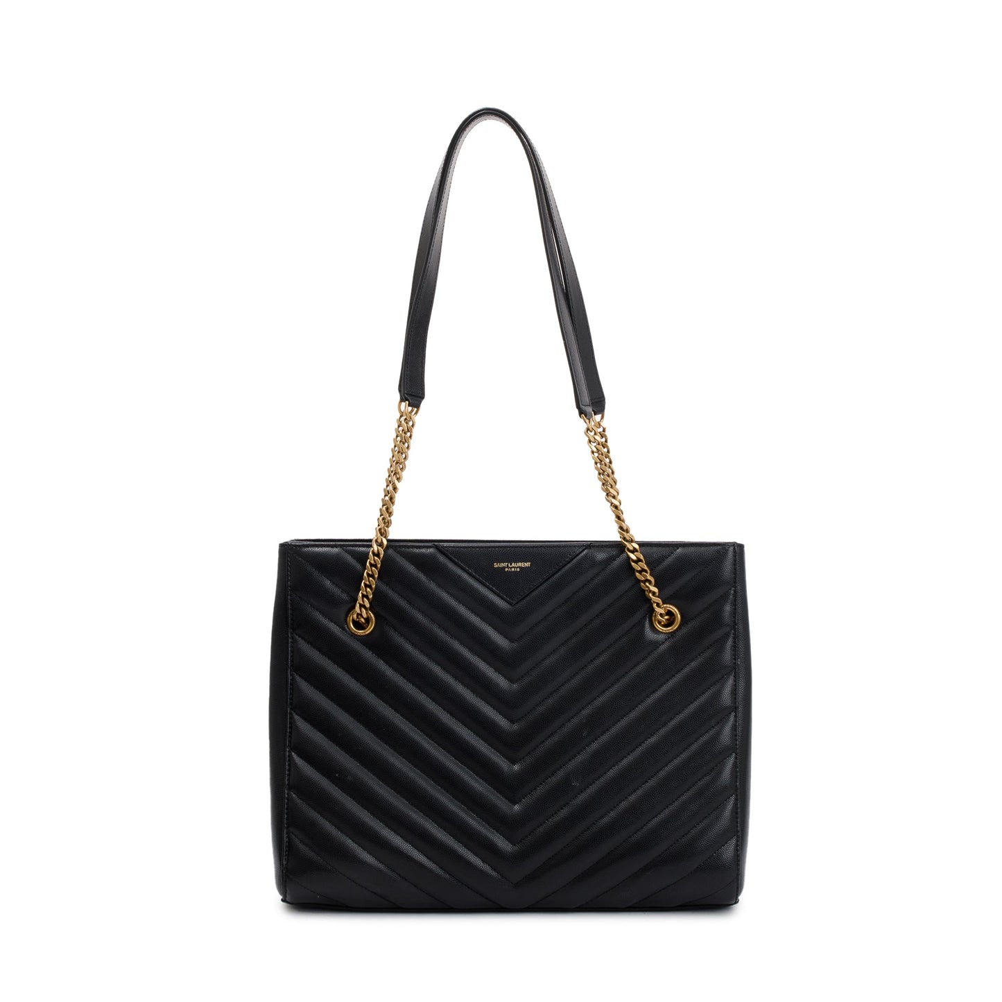 YSL Saint Laurent Chevron Calfskin Tribeca Shopping Tote Leather Black Tote Bag