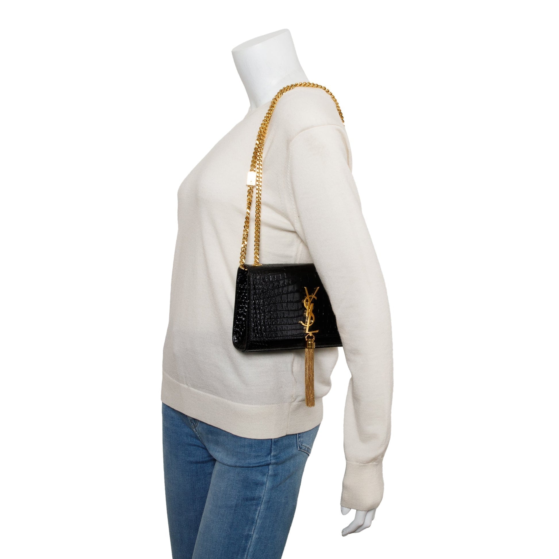 YSL Saint Laurent Croc Embossed Kate Tassel Bag Leather Black Travel Bag
