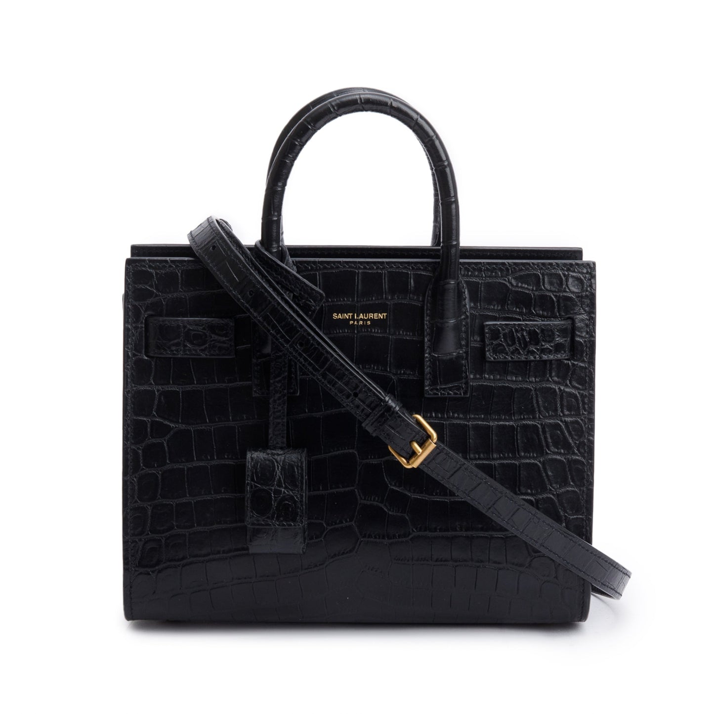 YSL Saint Laurent Crocodile Embossed Nano Sac De Jour Travel Leather Black Travel Bag