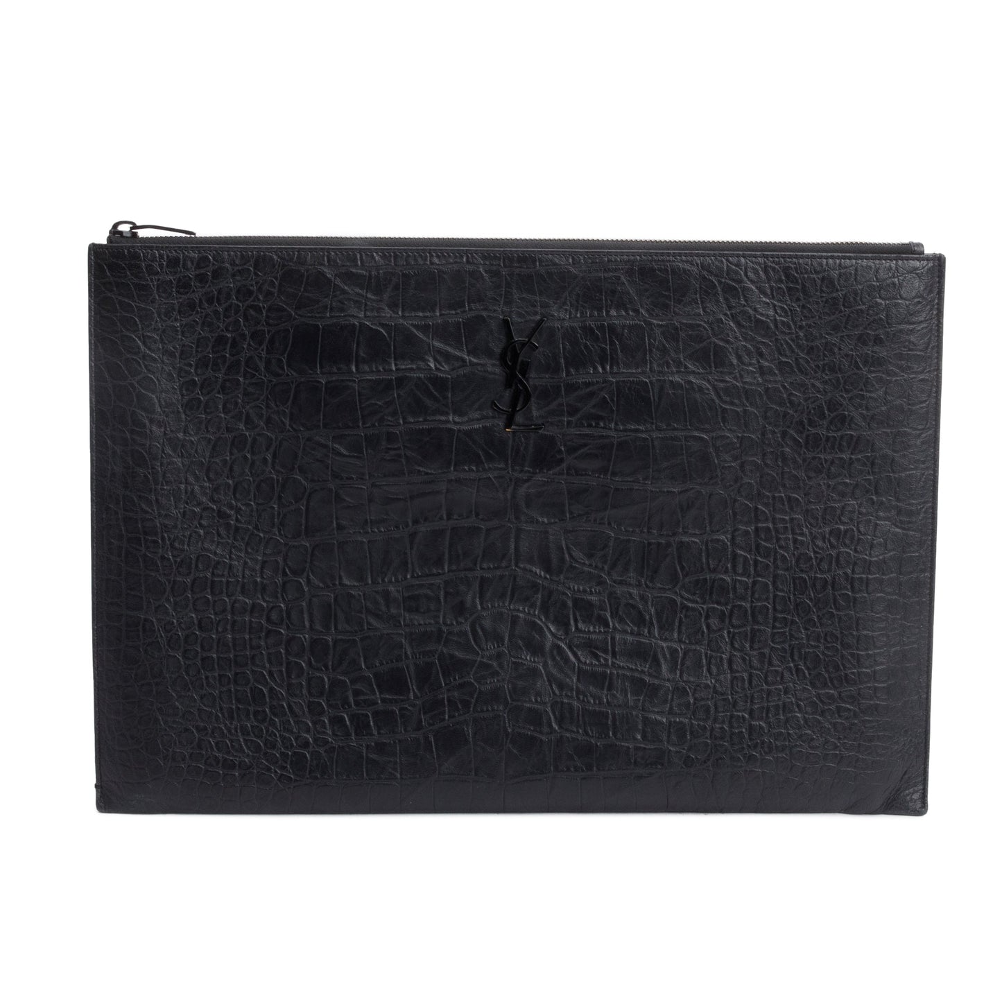 YSL Saint Laurent Crocodile Embossed Document Holder Travel Bag Monogram Black