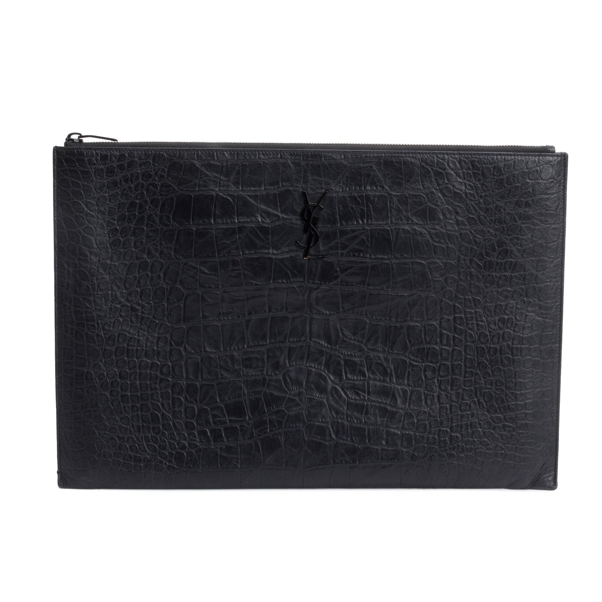 YSL Saint Laurent Crocodile Embossed Document Holder Travel Bag Monogram Black