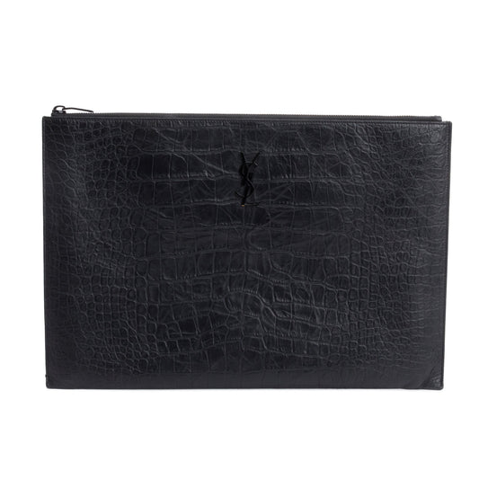 YSL Saint Laurent Crocodile Embossed Document Holder Travel Bag Monogram Black