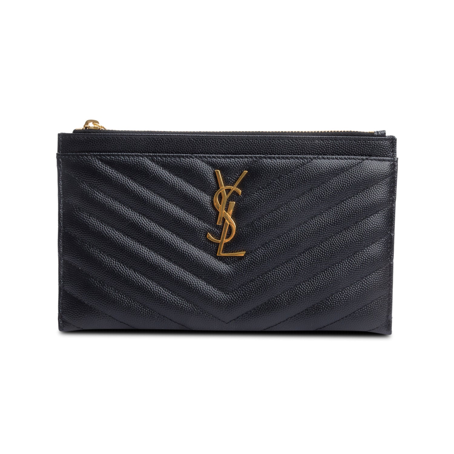 YSL Saint Laurent Grain De Poudre Embossed Cassandre Zipped Pouch Leather Matelasse Travel Bag