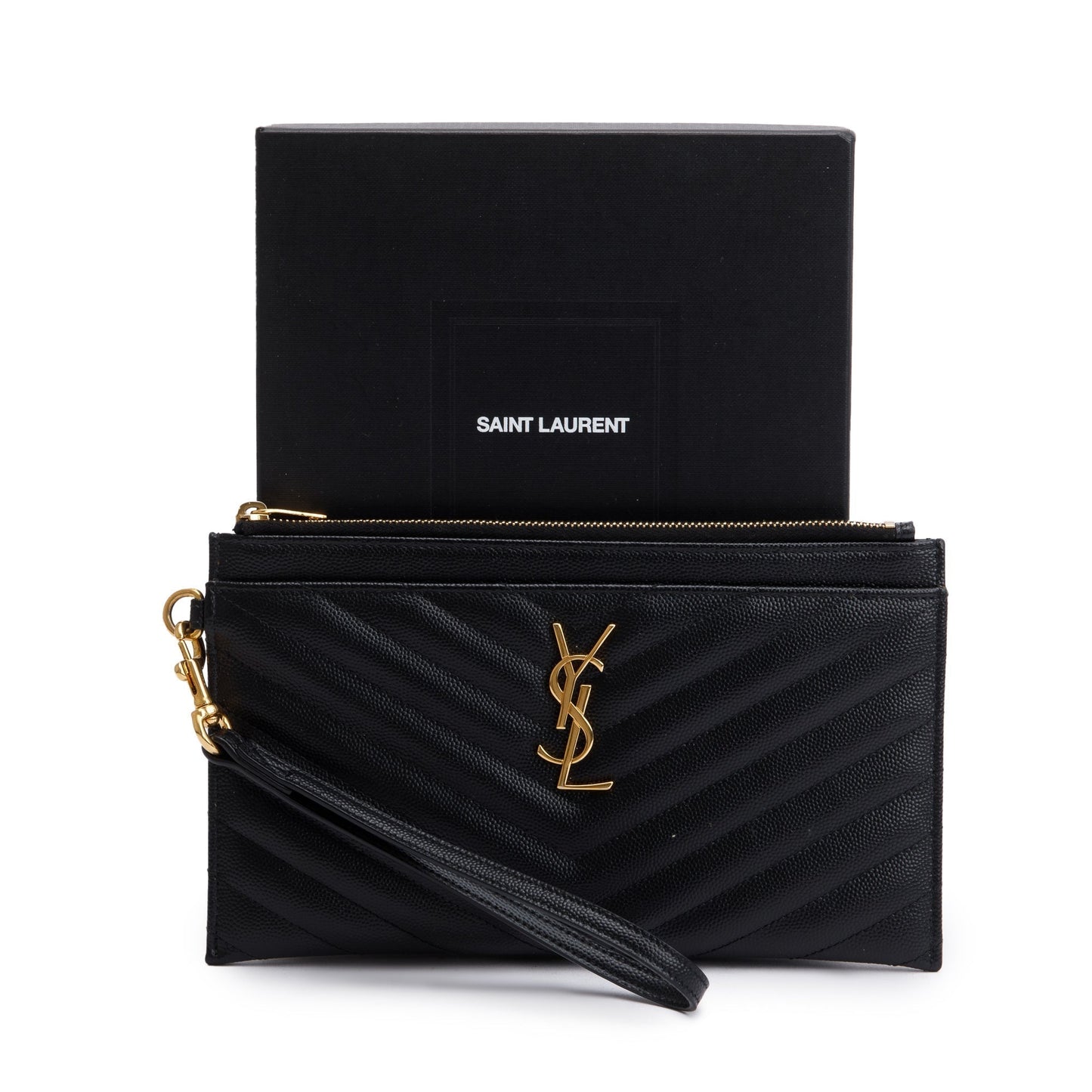 YSL Saint Laurent Grain De Poudre Cassandre Large Zipped Pouch Leather Matelasse Travel Bag