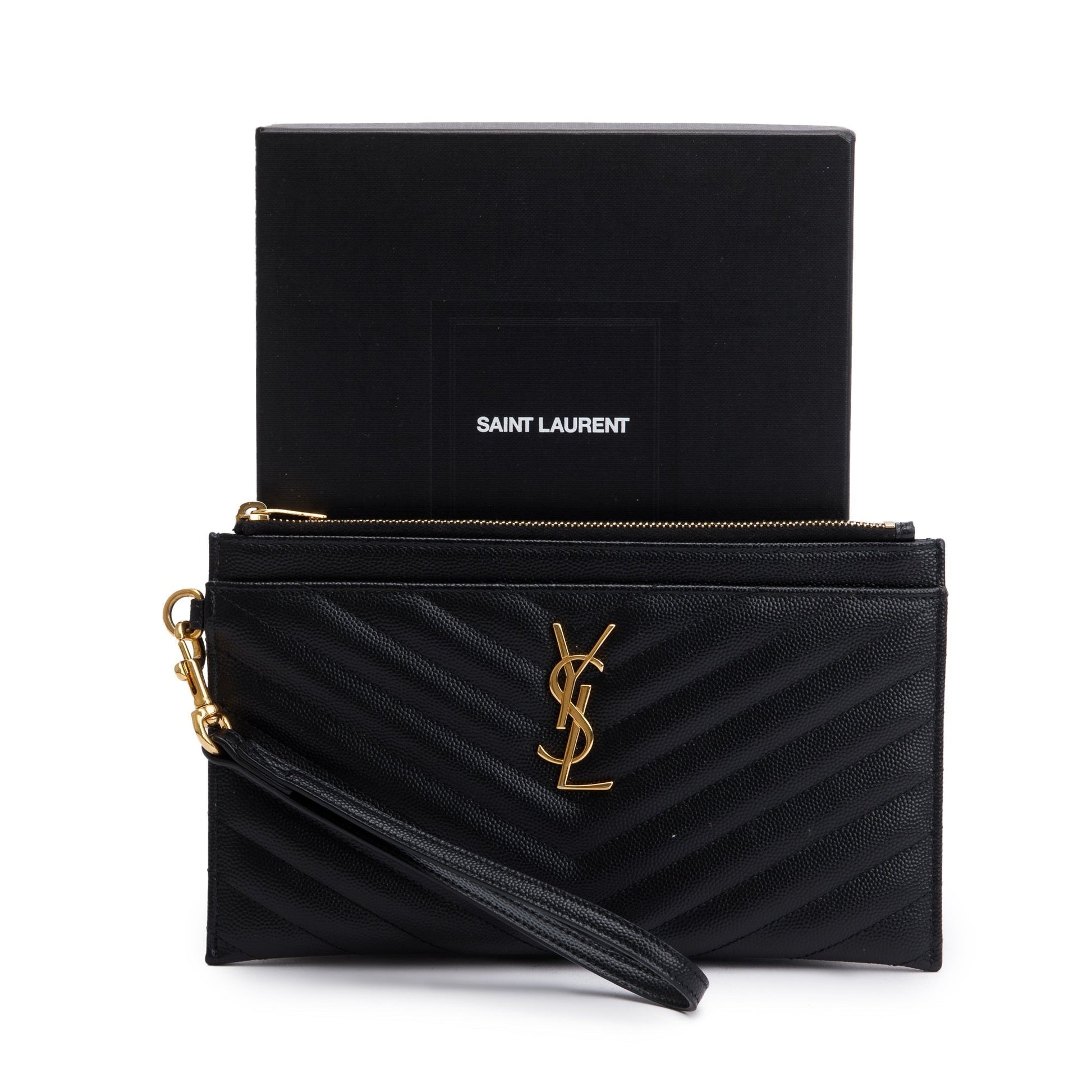 YSL Saint Laurent Grain De Poudre Cassandre Large Zipped Pouch Leather Matelasse Travel Bag
