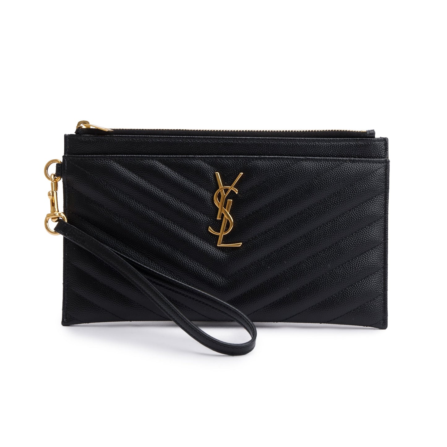 YSL Saint Laurent Grain De Poudre Cassandre Large Zipped Pouch Leather Matelasse Travel Bag