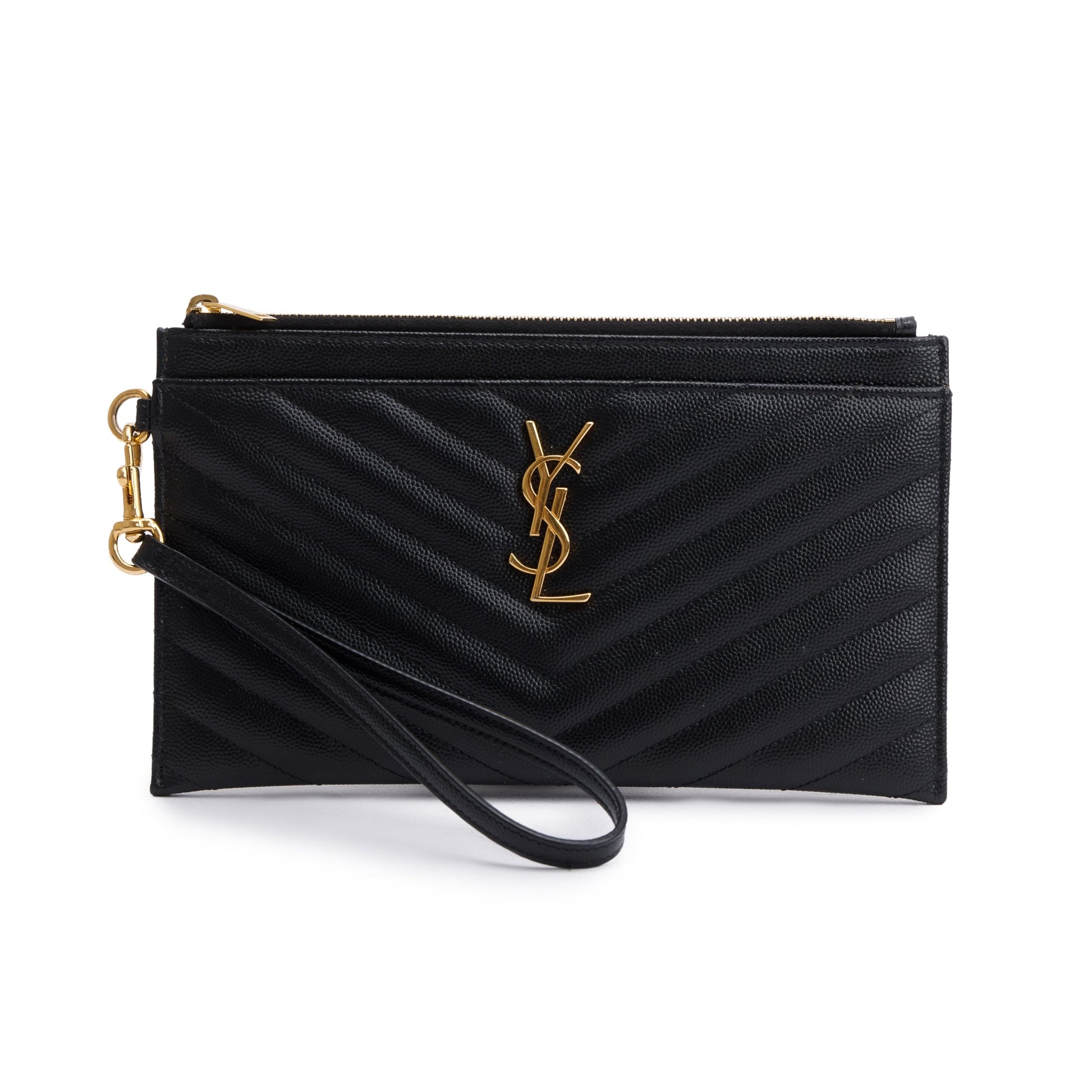 YSL Saint Laurent Grain De Poudre Cassandre Large Zipped Pouch Leather Matelasse Travel Bag