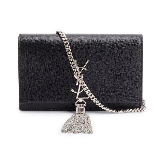 YSL Saint Laurent Grain De Poudre Kate Tassel Wallet On Leather Black Crossbody Bag