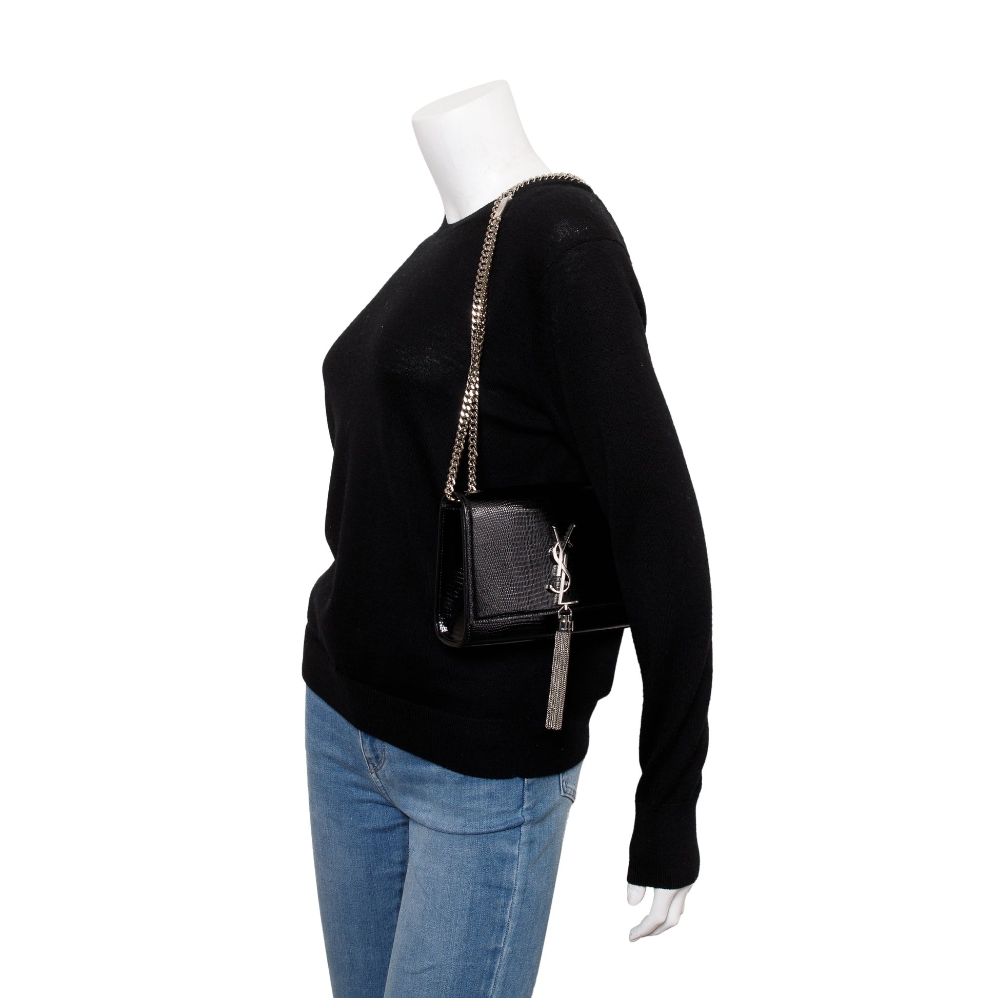YSL Saint Laurent Lizard Embossed Kate Tassel Bag Leather Black Travel Bag