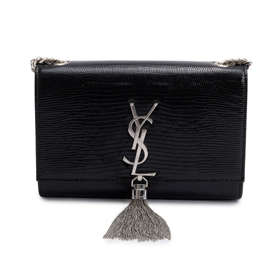 YSL Saint Laurent Lizard Embossed Kate Tassel Bag Leather Black Travel Bag