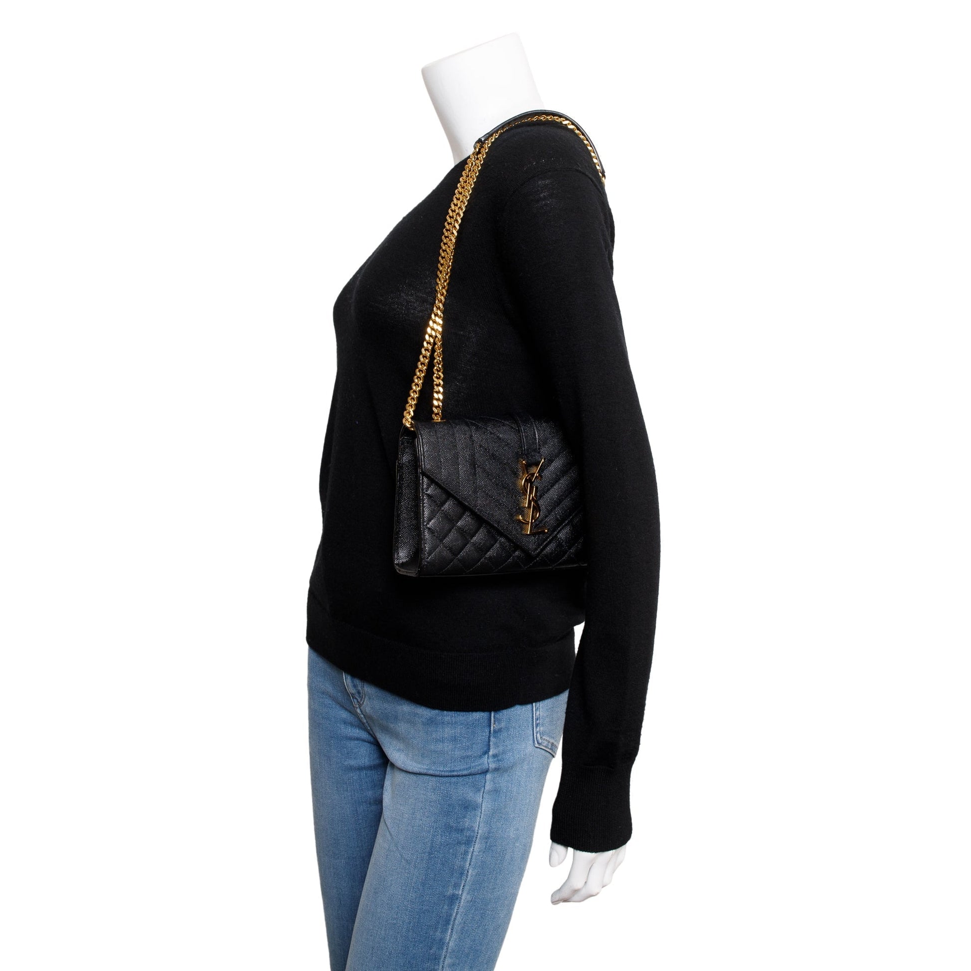 YSL Saint Laurent Grain De Poudre Small Envelope Chain Bag Leather Quilted Travel Bag